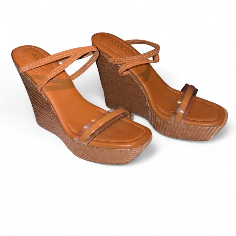 Aldo Brand New Brown Tan Platform Wedge Sandals Strappy Mules 9.5